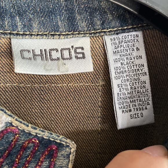 Chico Women Embroidered Embellished Denim Vest Size 0 - Picture 9 of 10